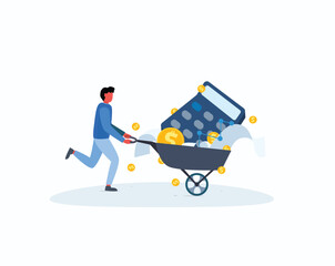 Financial Burden Man struggling with calculations and money. Financial Escape 