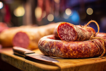 Kielbasa artisan butcher display showing Polish sausage with traditional preparation and authentic deli presentation.