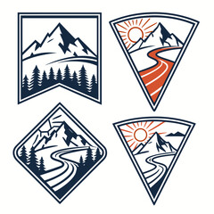 Collection of stylized mountain landscape emblems featuring pine trees winding roads and suns in various geometric shapes for outdoor adventure branding