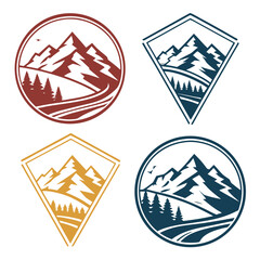 Collection of stylized mountain landscape emblems featuring pine trees and winding roads in circular and diamond shapes with rustic color palettes