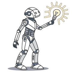 A friendly cartoon robot holding a glowing light bulb representing a new idea or innovation in technology and artificial intelligence