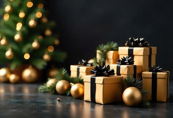 A group of wrapped gift boxes and a Christmas tree on dark background, The boxes are golden, black bows, small pine cones, candy canes. The Christmas tree is decorated with lights and ornaments.