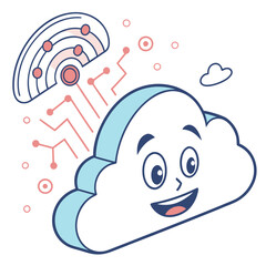 Happy cartoon cloud character with a wifi symbol and circuit board connections representing cloud computing and technology