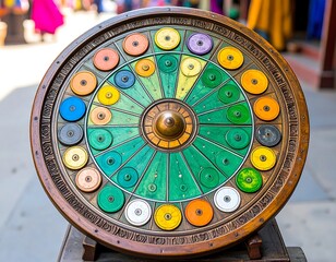 Close-up of a Vintage Wooden Color Wheel Game, Bright Colors