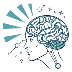 Abstract illustration of a human head profile with a stylized brain and futuristic technological elements symbolizing intelligence and innovation