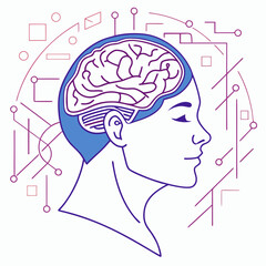 Abstract digital illustration of a human head profile with a stylized brain and interconnected geometric lines symbolizing technology and artificial intelligence