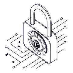 Isometric digital padlock with combination dial on circuit board lines representing cybersecurity and data protection concept