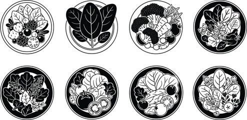 Black and white vegetable icons in circular frames—healthy food vector set for nutrition, wellness, design, education, and organic lifestyle themes