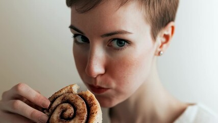 Young woman enjoying cinnamon roll closeup indulging sweet treat - Powered by Adobe