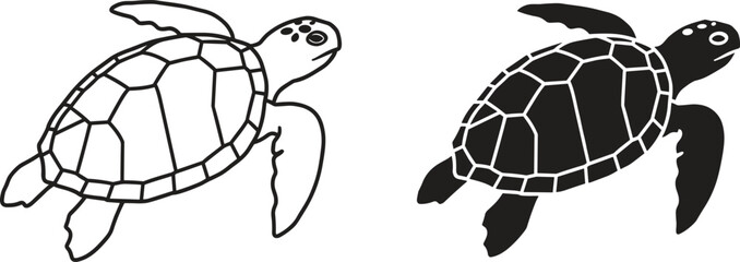 Sea turtle silhouette and outline vector illustration, marine reptile graphic design, ocean animal symbol, underwater wildlife drawing, tropical aquatic creature art