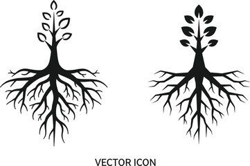 Obraz premium Tree root with leaves vector, black silhouette design, nature growth illustration, organic roots artwork, botanical element, natural tree roots symbol
