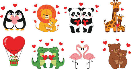 Cartoon animal love pairs with hearts featuring penguins, lions, pandas, giraffes, bears, flamingos, crocodiles, and hot air balloon