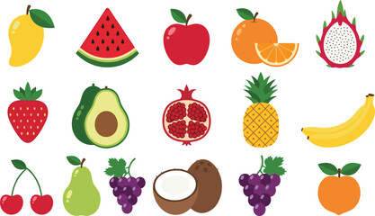 Colorful cartoon fruit grid with 18 vibrant illustrations including tropical, citrus, and seeded varieties, healthy food vector, nutrition concept