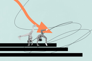 Sketch art image poster 3d banner collage of two inexperienced business partners stand handstand arrow regress statistics problem
