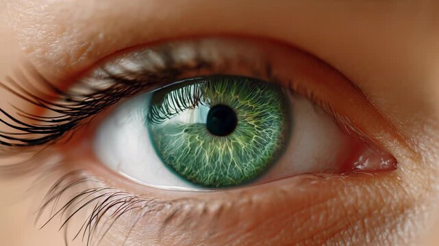 A green eye in extreme close-up. Intricate details of the iris subtle reflections of light, evoking a sense of mystery and human emotion thanks to the camera's smooth zoom in.