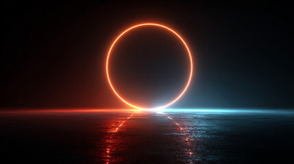 3D render of a glowing circle illuminated with vibrant orange and blue neon light, creating a futuristic abstract background with depth, radiance, and a modern cyber aesthetic.