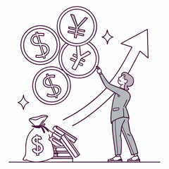 Person pushing up currency coins financial growth