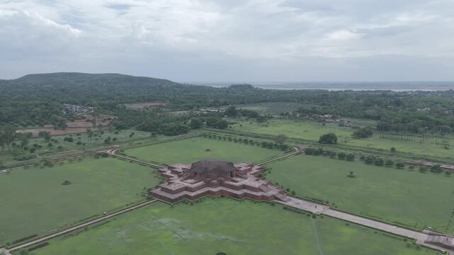 Aerial drone view of Vikramshila University ruins in Bihar, India. Ancient Buddhist learning center showcasing symmetrical monastery layout, historic architecture, and archaeological heritage from abo
