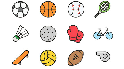 Colorful sports equipment icons Soccer ball, basketball, baseball, tennis, shuttlecock, golf, boxing, bike, skateboard, volleyball, rugby, whistle