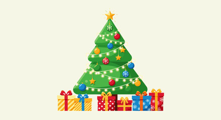 Festive decorated Christmas tree surrounded by gift boxes and lights