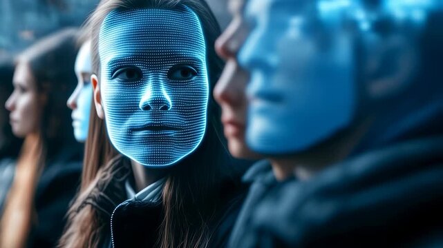 Futuristic facial recognition tech in urban crowd  privacy and innovation theme