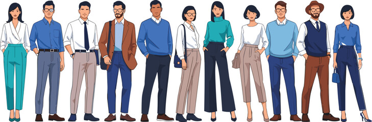 Group of diverse professionals in business attire standing together, workplace fashion, career unity, corporate diversity, office team, leadership concept