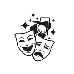 icon of comedy and tragedy theatrical masks with spotlight isolated on white background