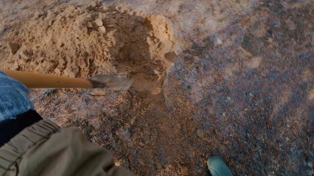 A treasure hunter is looking for treasures in the forest. A man is digging a hole in the sand with a shovel, hoping to find treasure. gambling search engine. From the first person.