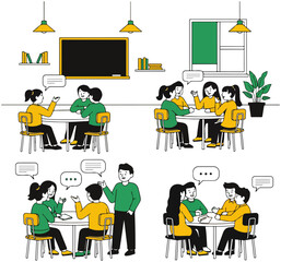 People Talking in Groups at Tables Vector