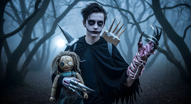 A person in a creepy costume with face paint and claws holds a doll in a foggy forest.