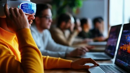 Young professionals engaging in virtual reality coding and collaboration at modern workspace - Powered by Adobe