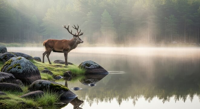 Majestic stag stands proudly on rocky shoreline beside misty lake