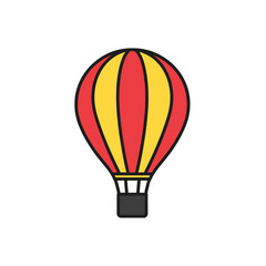 A colorful hot air balloon with red and yellow panels, floating upwards.
