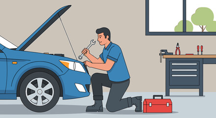 A mechanic kneels, using a wrench to work on a blue car engine in a garage.