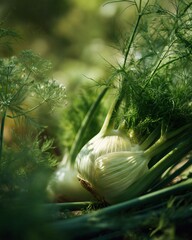 Fresh fennel bulbs growing in garden in bright sunlight and green setting