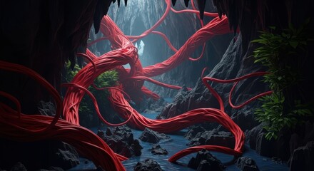 Mysterious red veins branching out in a dark eerie cave environment