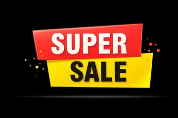 Bold red and yellow super sale banner with confetti on a black background for promotions and advertising