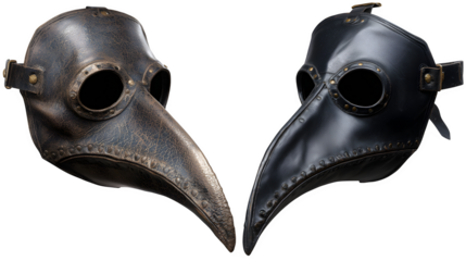 Eerie plague doctor masks with long beaks, a symbol of historical pandemics and mysterious protection, perfect for costume or Halloween Designs