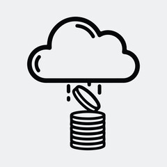 Silhouette cloud raining coins into stack money savings line art vector illustration