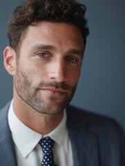 Close-up portrait of a young man. he is wearing a blue suit with a white shirt and a blue tie with white polka dots. he has short, curly hair and a beard.