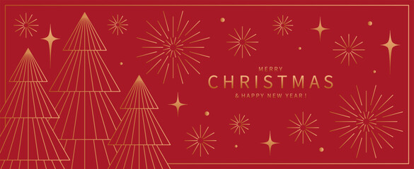 Merry Christmas and Happy New Year banner. Holiday background gold line Christmas tree, stars and fireworks in geometric minimal style.  Xmas vector design for winter holidays.