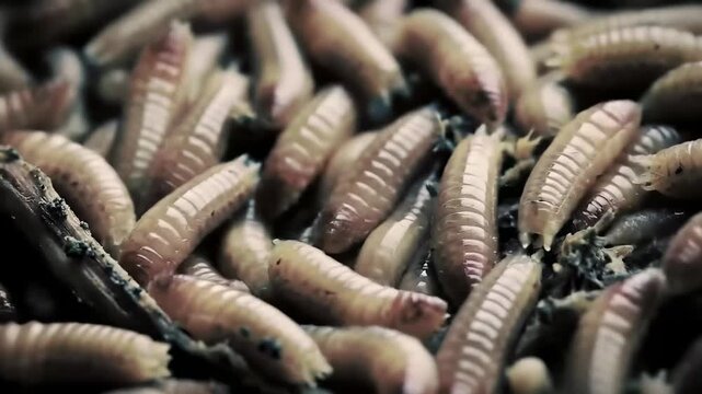 Close-up of a wriggling mass of maggots, representing decay and decomposition in a natural cycle
