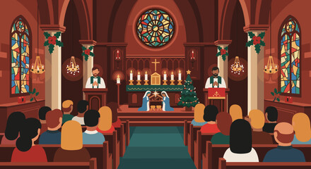 Christmas Celebration in a Church with Nativity Scene and Decorated Tree