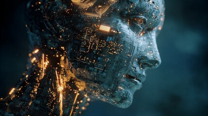 Humanoid robot head with glowing circuits, futuristic artificial intelligence concept, dark digital background