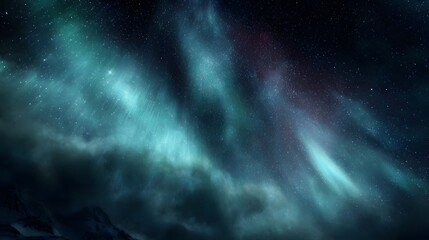 Fototapeta premium Vibrant aurora borealis displays shimmering green and purple lights across a dark starry night sky above snow capped mountain peaks