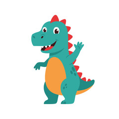 Fototapeta premium Cute cartoon green dinosaur with orange belly and red spikes, standing and waving happily on a white background.