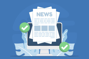 Vector illustration of checking daily news online. Computer screen with articles and check marks symbolizes staying updated, verifying information, and browsing digital media every day.