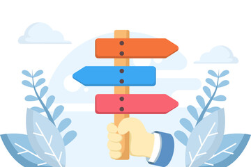 Make a choice in business. Person holding red indicator comparing options and choosing between various alternatives. Decision-making, business direction, and strategy concept with signpost board.