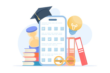 Online exam illustration for web banner. Depicts digital testing, quiz interface, and assessment platform, suitable for websites, landing pages, mobile apps, posters, and banners in flat vector style.