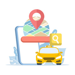Vector illustration of taxi booking concept. Mobile phone with navigation map, car, and location pin represents ride-hailing, taxi rental services, and modern transportation technology.